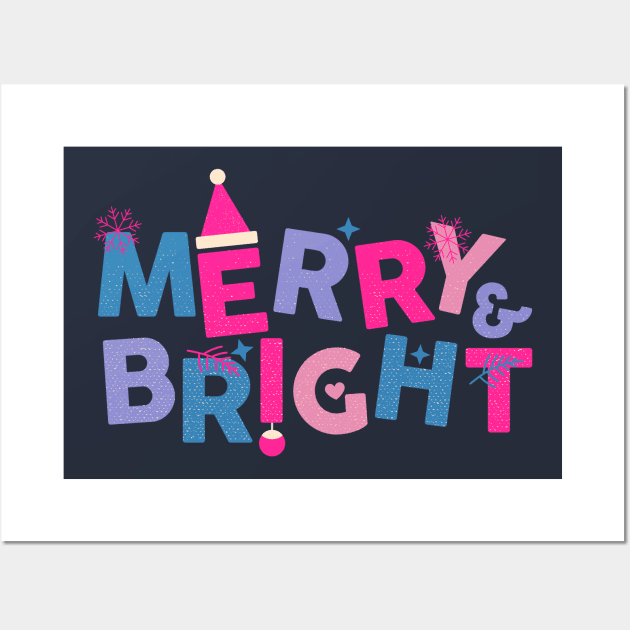 Merry and Bright Pink and Blue Christmas Wall Art by Asilynn